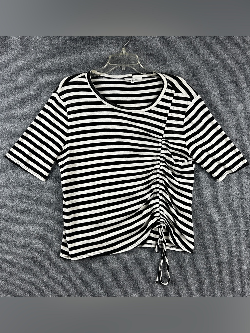June & Hudson Black White Striped Side Ruched Drawstring Cinch Top Size Large L